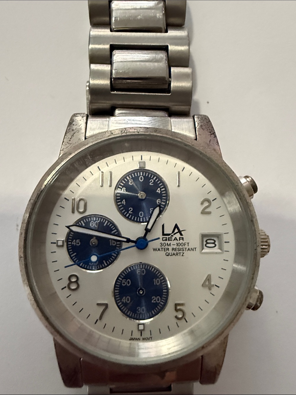 LA Gear Men's Silver Stainless Steel Watch with White Dial and Blue Subdials